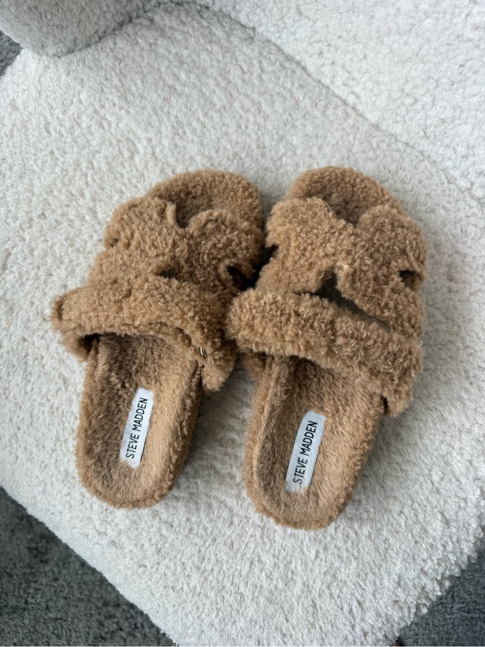 Steve Madden Tan Plush Shearling Slide Slippers